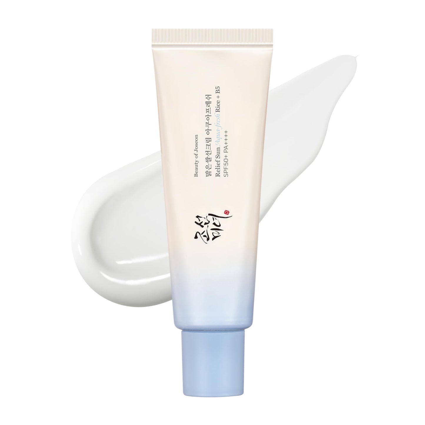 A tube of Beauty of Joseon Relief Sun Aqua-Fresh sunscreen with a swatch showing the product's lightweight, fast-absorbing texture.
