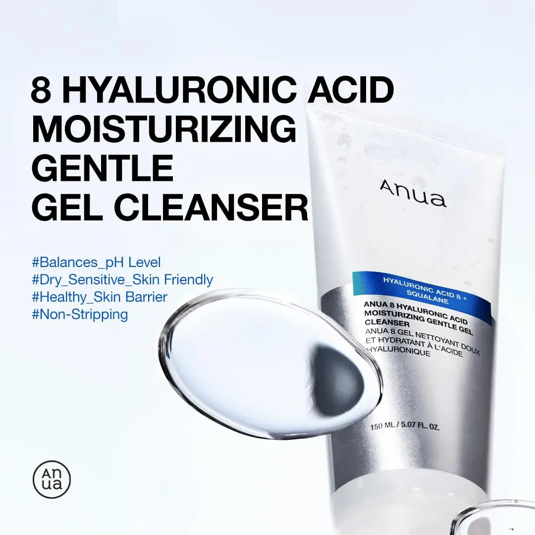Anua 8 hyaluronic acid moisturizing gentle gel cleanser 150ml tube shown with clear gel texture and text highlighting its moisturizing, gentle cleansing properties for dry and sensitive skin.