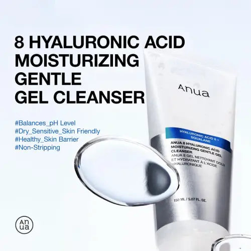 White tube of anua 8 hyaluronic acid moisturizing gentle gel cleanser with blue silver label for sensitive skin 150ml