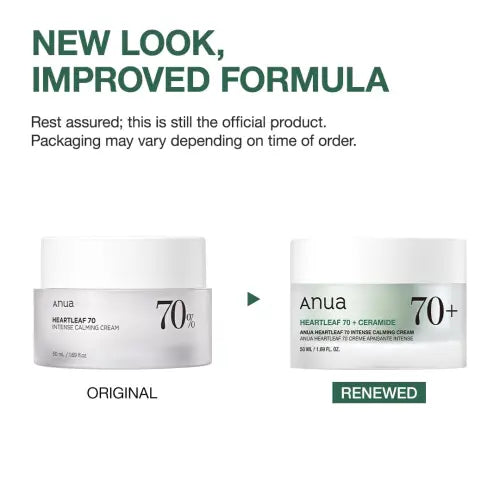 White cylindrical jar of anua heartleaf 70 intense calming cream with ceramide 50ml featuring minimalist label and green band