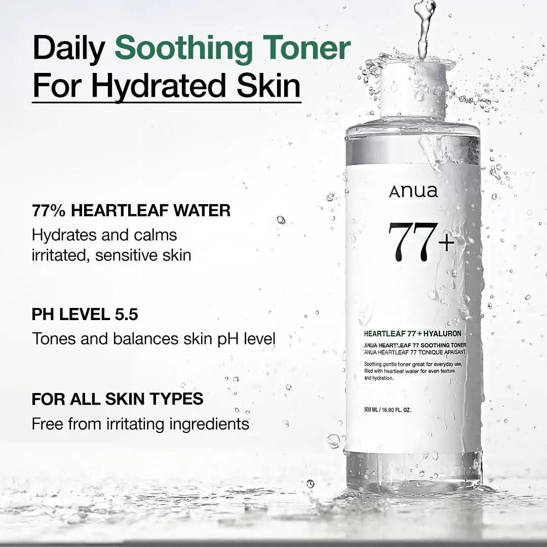 Anua Heartleaf 77 Soothing Toner bottle surrounded by water droplets highlighting its hydrating and calming properties for sensitive skin with 77% heartleaf water and pH 5.5 balance.