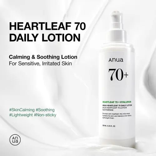 White plastic bottle of anua heartleaf daily lotion 200ml with clear pump and minimalist black text labeling hyaluronic acid
