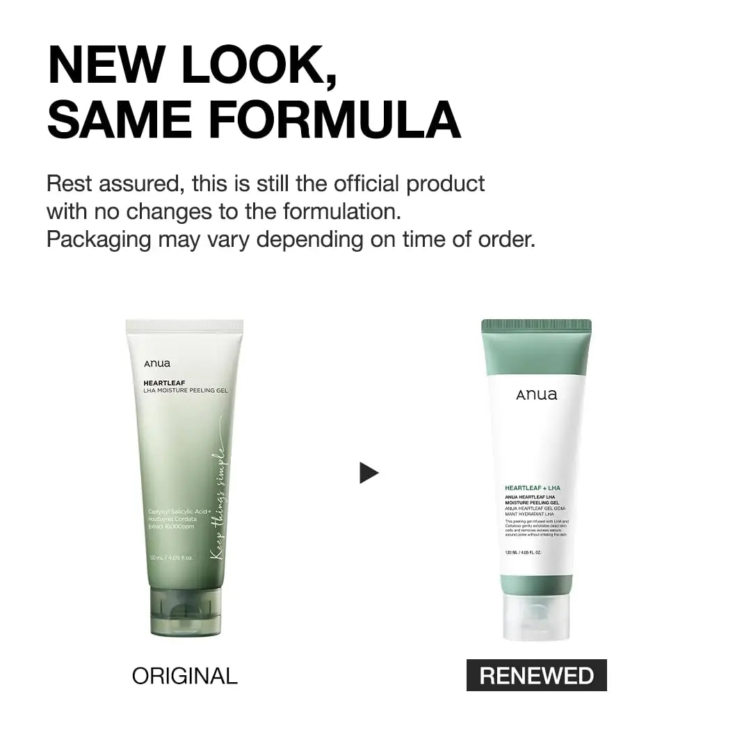 Comparison of Anua ANUA Heartleaf LHA Moisture Peeling Gel 120ml original packaging with new renewed packaging, highlighting unchanged formula.