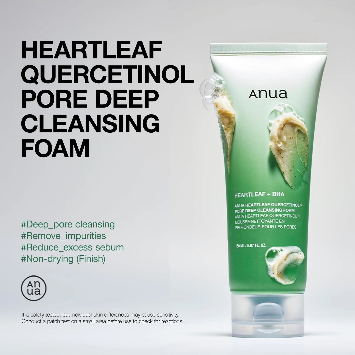 ANUA Heartleaf Quercetinol Pore Deep Cleansing Foam 150ml in green tube with creamy foam texture highlighting deep pore cleansing and impurity removal benefits.