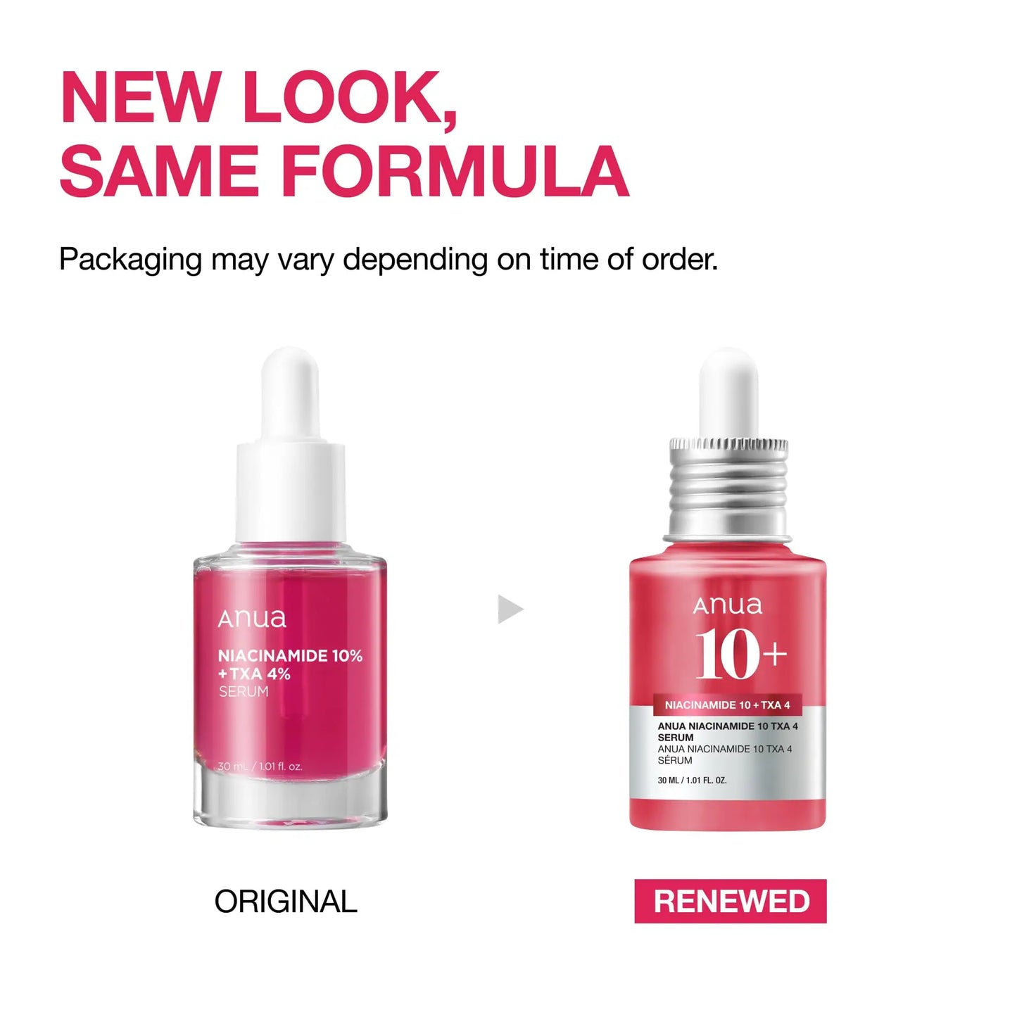 Comparison of original and renewed packaging for ANUA Niacinamide 10+ TXA 4 Serum 30ml showing consistent formula with new bottle design and dropper cap
