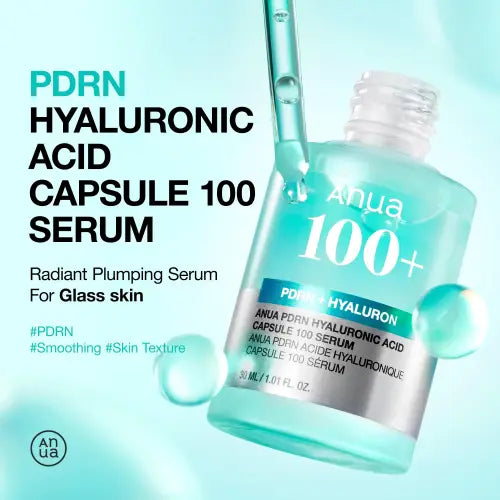 Clear glass bottle with silver label and dropper containing turquoise liquid of anua pdrn hyaluronic acid capsule 100 serum 30ml