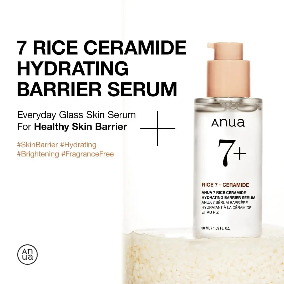 Anua Rice Ceramide 7 Hydrating Barrier Serum 50ml bottle with beige pump on a bed of rice grains, promoting healthy skin barrier and hydrating facial serum benefits.