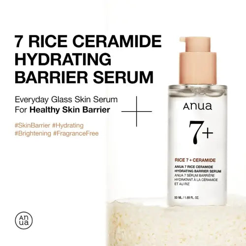 Clear glass bottle with beige pump dispenser labeled anua rice ceramide hydrating barrier serum 50ml