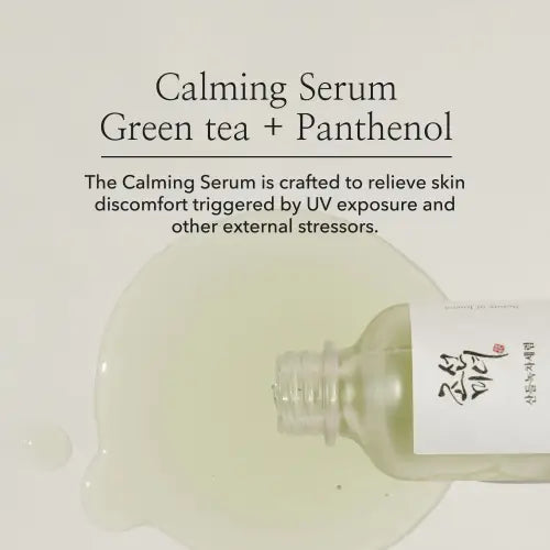 A clear glass bottle of beauty of joseon joseon calming serum with green tea panthenol 30ml and white label