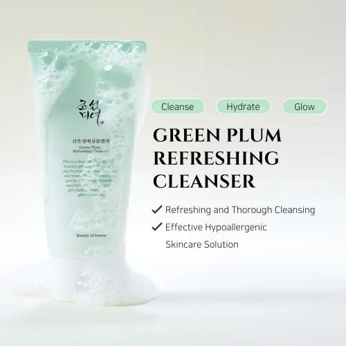 A translucent mint-green tube of beauty of joseon green plum refreshing cleanser 100ml with a soft squeeze cap