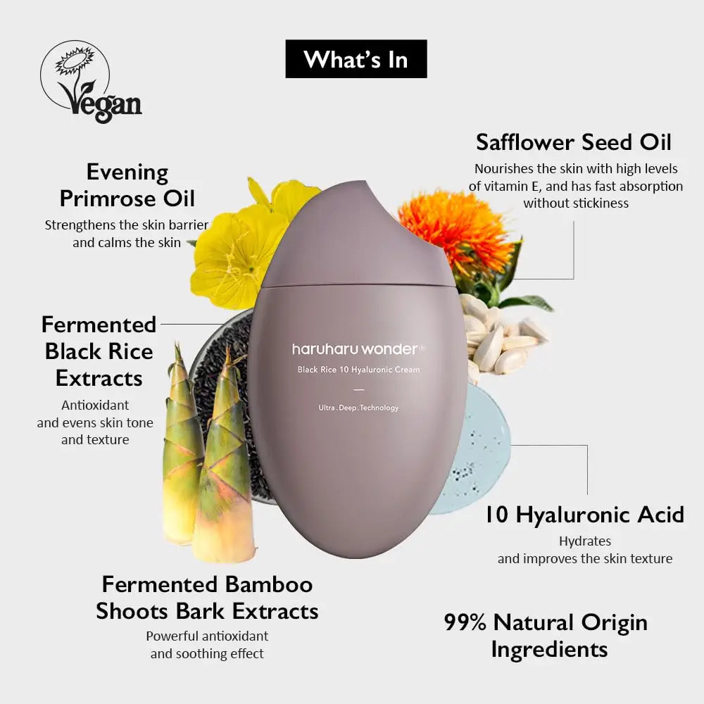 haruharu wonder Black Rice 10 Hyaluronic Cream 50ml bottle surrounded by illustrations of natural ingredients including evening primrose oil, safflower seed oil, fermented black rice extracts, fermented bamboo shoots bark extracts, and 10 hyaluronic acid, highlighting its vegan formula and 99% natural origin ingredients.