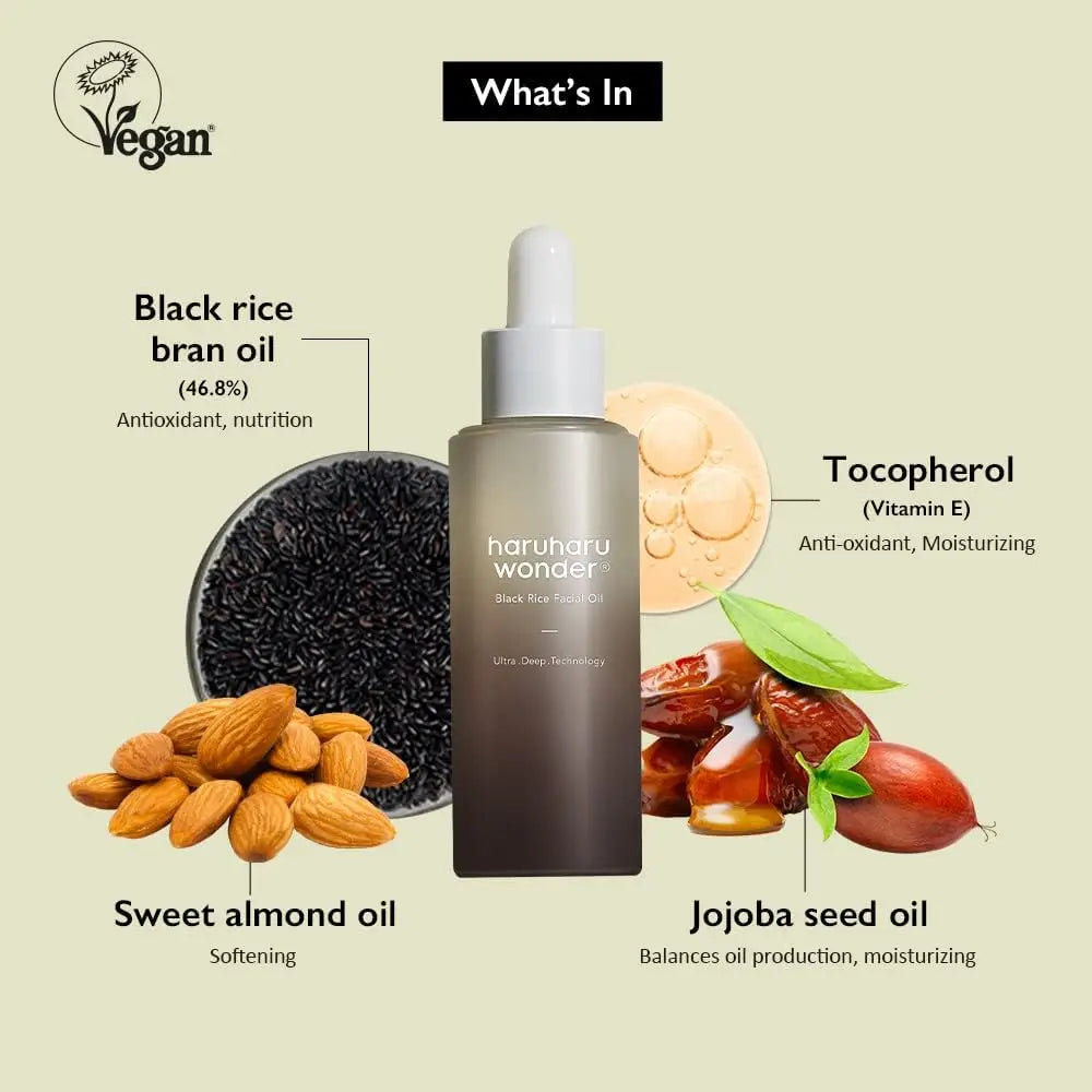 Bottle of haruharu wonder Black Rice Facial Oil 30ml surrounded by illustrations and text highlighting key ingredients including black rice bran oil, sweet almond oil, tocopherol (Vitamin E), and jojoba seed oil with their skin benefits on a light beige background.