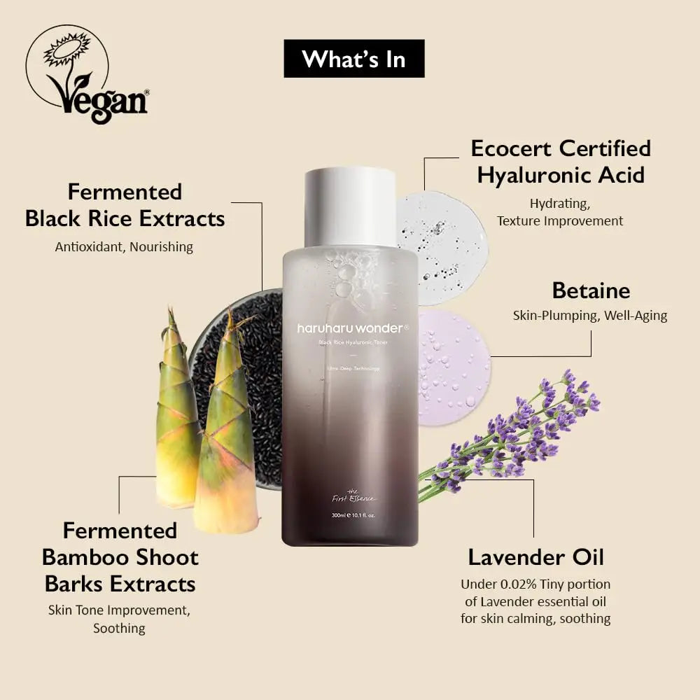 haruharu wonder Black Rice Hyaluronic Toner 300ml bottle surrounded by natural ingredients including fermented black rice extracts, bamboo shoot barks extracts, hyaluronic acid, betaine, and lavender oil with vegan certification badge.