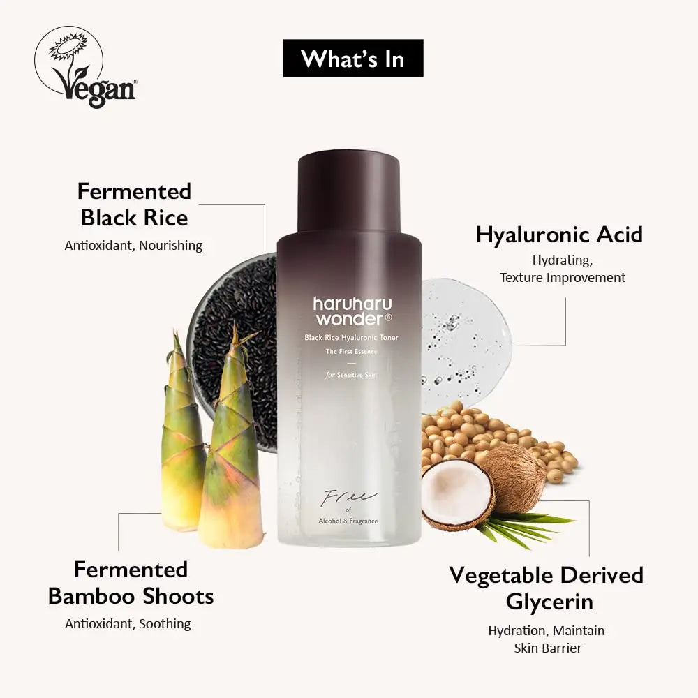 Bottle of haruharu wonder Black Rice Hyaluronic Toner for Sensitive Skin 50ml surrounded by fermented black rice, bamboo shoots, hyaluronic acid gel, and vegetable glycerin, highlighting antioxidant, hydrating, and soothing ingredients.