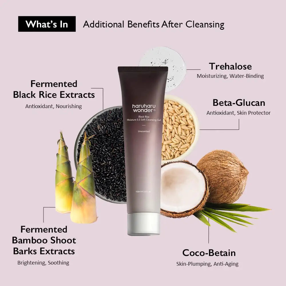 haruharu wonder Black Rice Moisture 5.5 Soft Cleansing Gel 100ml tube surrounded by ingredients including fermented black rice extracts, fermented bamboo shoot bark extracts, trehalose, beta-glucan, and coco-betain with benefits listed such as moisturizing, antioxidant, brightening, soothing, skin-plumping, and anti-aging effects