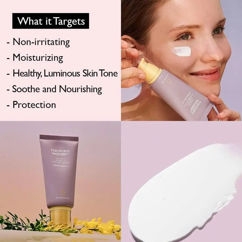 Close-up of haruharu wonder Black Rice Pure Mineral Relief Daily Sunscreen 50ml with a woman applying the sunscreen to her cheek, highlighting its moisturizing and soothing benefits for healthy, luminous skin.