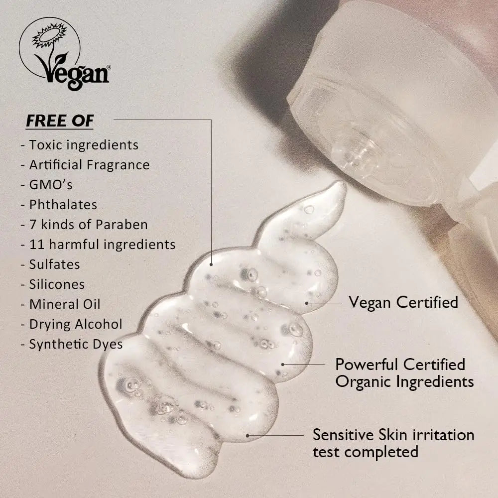 Clear gel texture of haruharu wonder Black Rice Triple AHA Gentle Cleansing Gel 100ml with bubble details beside the open white tube, highlighting vegan certification and free-from toxic ingredients claims.