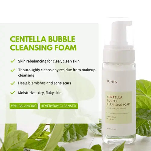 Clear glass bottle with white pump dispenser of iunik centella bubble cleansing foam and tea tree relief toner