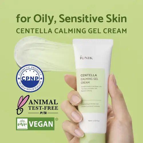 White tube of iunik centella calming gel cream 60ml with light green label and a dollop of calming gel beside it
