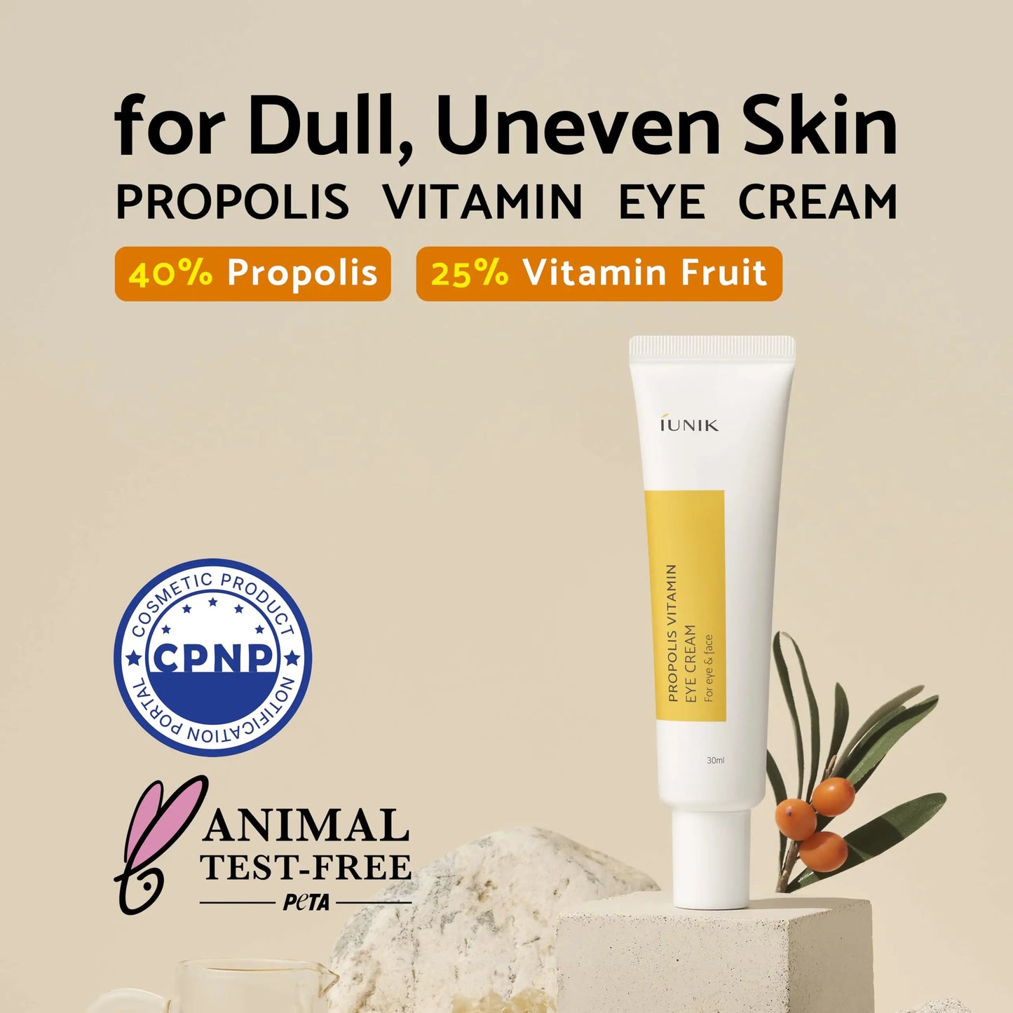 iUNIK Propolis Vitamin Eye Cream, 30ml tube displayed with natural props, highlighting 40% propolis and 25% vitamin fruit for dull, uneven skin, featuring cruelty-free and certification logos.