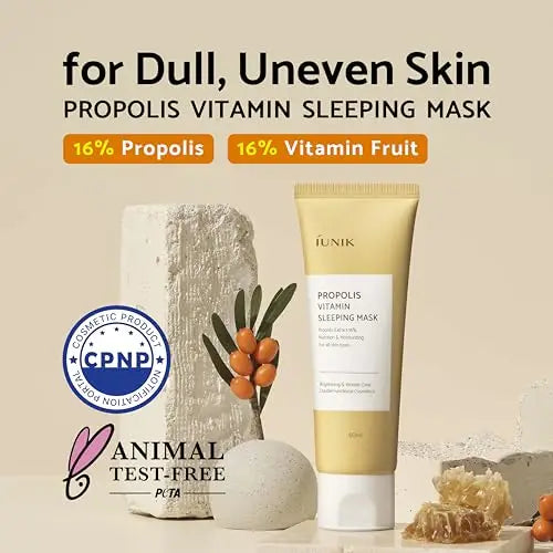 iUNIK Propolis Vitamin Sleeping Mask Cream, 60ml in a yellow tube displayed with natural ingredients and labels highlighting 16% propolis and 16% vitamin fruit for dull, uneven skin.
