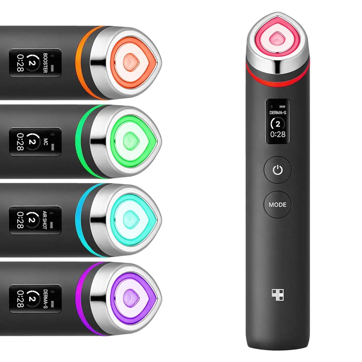 medicube Age-R Booster Pro devices in black with color-coded accents showing different modes on digital displays, designed for advanced skincare treatments.
