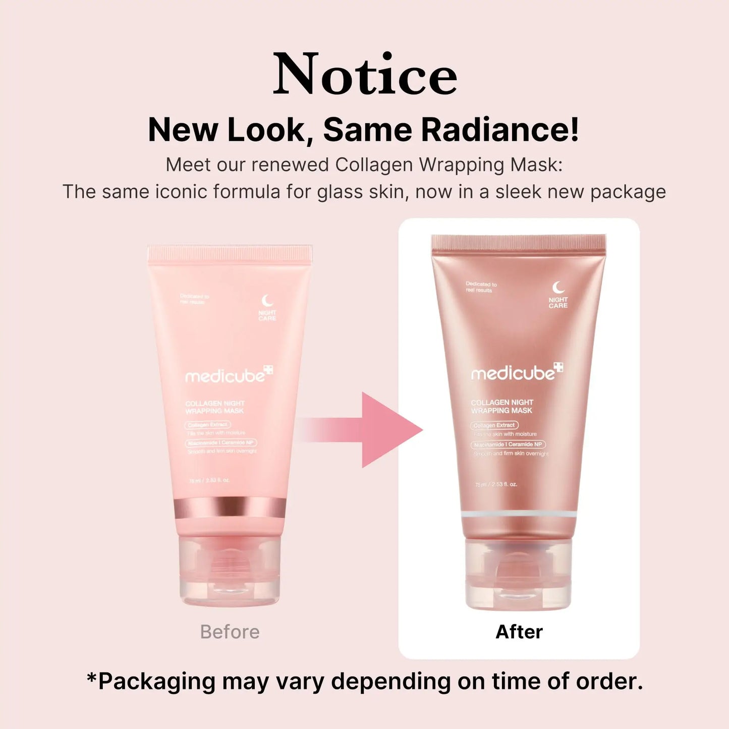 Comparison image showing the updated packaging design for medicube Collagen Night Wrapping Mask 75ml with a pink background and arrows indicating before and after tubes.