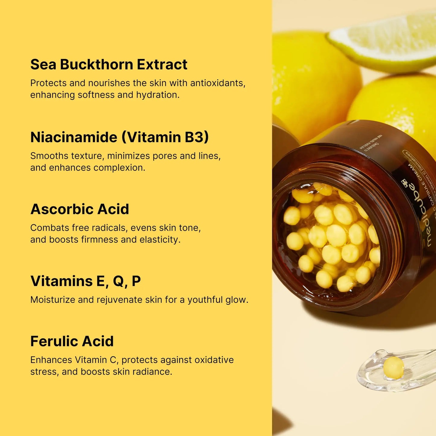 Open jar of medicube Deep Vitamin C Capsule Cream 55g showing bright yellow capsules with lemon wedges in the background, highlighting key ingredients like sea buckthorn extract and vitamins.