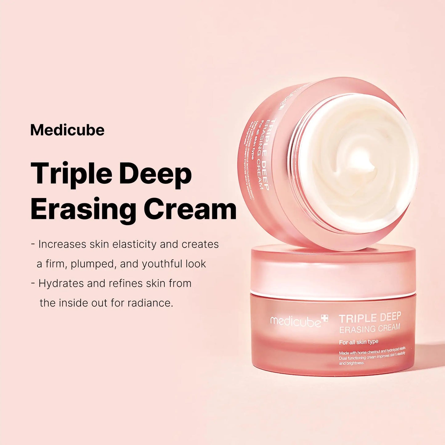Open jar of medicube Triple Collagen Cream 50ml with smooth creamy texture in a pink container against a soft pink background, promoting skin elasticity and hydration benefits.
