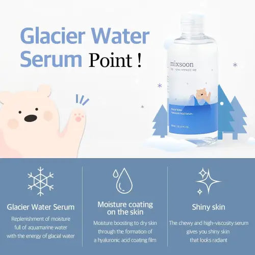 Clear glass bottle of mixsoon glacier water hyaluronic acid serum 300ml with white cap and blue label featuring bear design