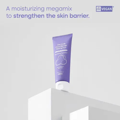 Purple tube of purito dermide cica barrier sleeping pack 80ml with white cap and minimalist label design for skin barrier care