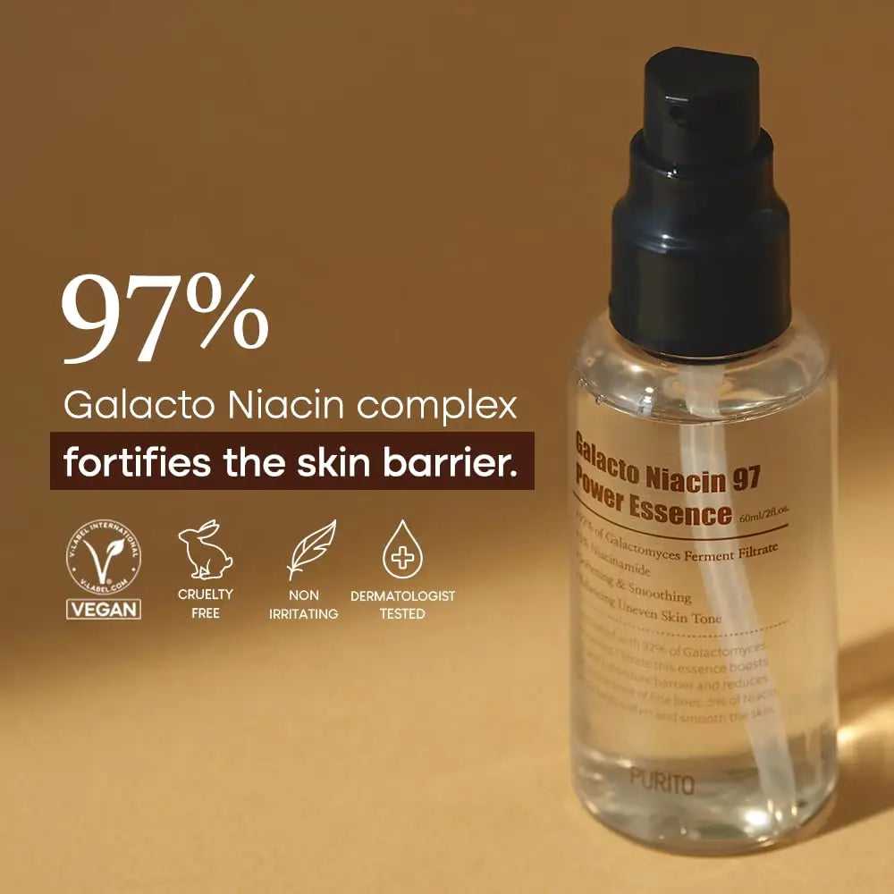 Bottle of PURITO Galacto Niacin 97 Power Essence 60ml with text about 97% Galacto Niacin complex fortifying the skin barrier and icons for vegan, cruelty free, non-irritating, and dermatologist tested.