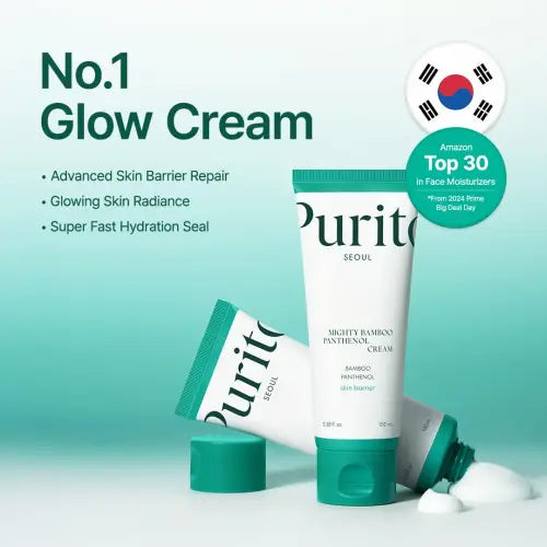 White tube with teal cap and label of purito mighty bamboo panthenol cream 100ml for soothing and hydration