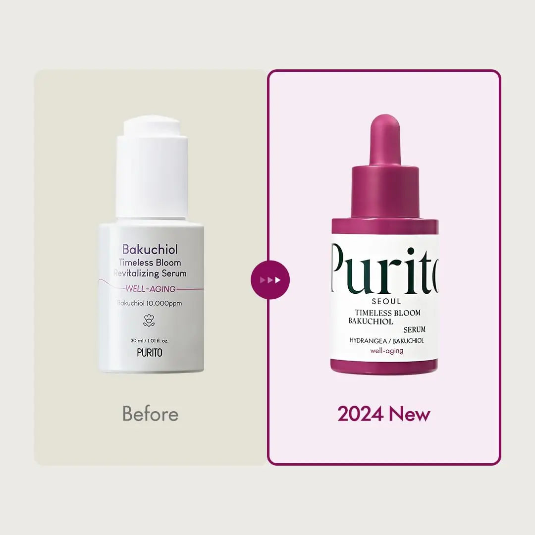 Comparison of the old and new 2024 PURITO SEOUL Timeless Bloom Bakuchiol Serum 30ml packaging, showcasing the updated vibrant pink dropper bottle design for improved hydration and anti-aging benefits.