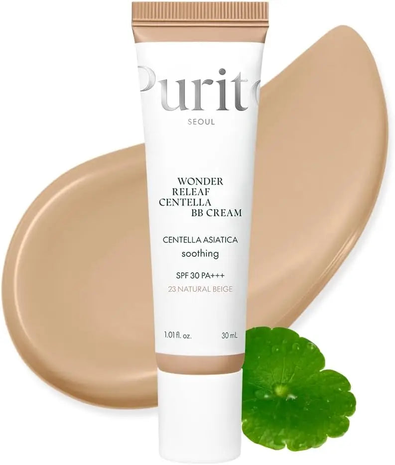 A sleek white tube of purito releaf centella bb cream in 23 natural beige with spf 30 pa+++ light medium coverage