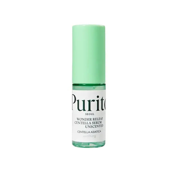 PURITO Wonder Releaf Centella Unscented Serum in a green capped clear bottle designed for soothing and calming sensitive skin.