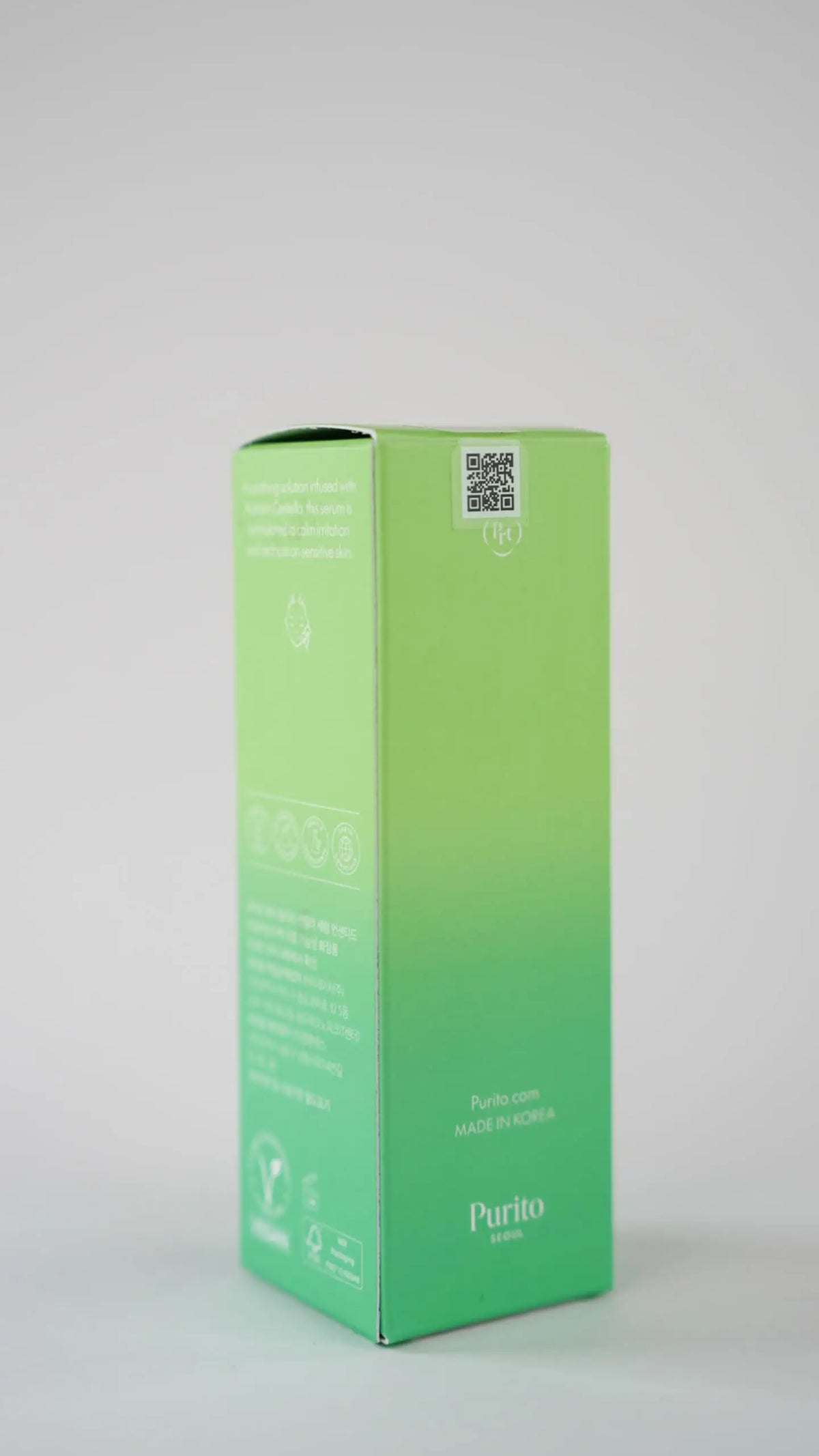 A sleek green gradient box of purito purito wonder releaf centella unscented serum made in korea unscented serum