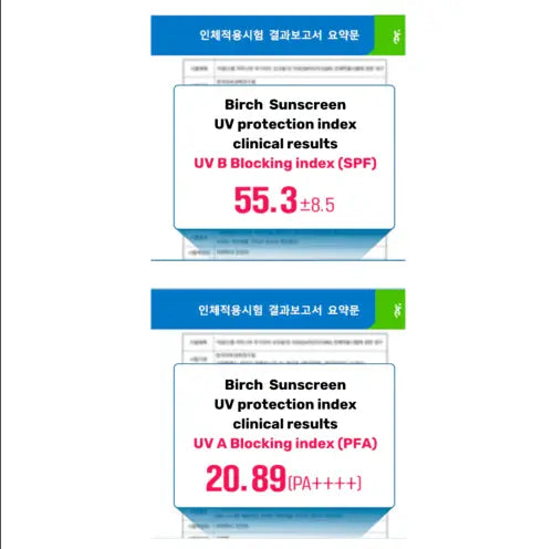 Clinical results of round lab birch juice moisturizing mild up sunscreen showing uv b protection index 55.3 and uv a 20.89