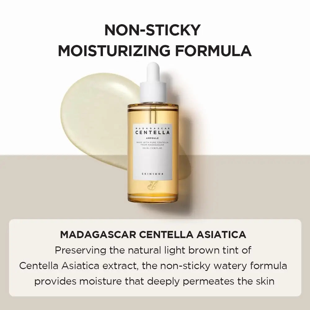 Skin 1004 Madagascar Centella Asiatica Ampoule Facial Serum 100ml bottle with dropper showing non-sticky moisturizing formula and light brown watery serum texture for deep skin hydration.