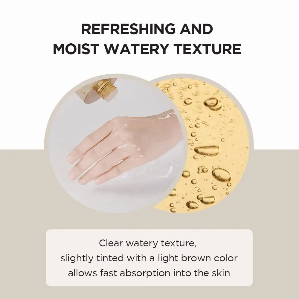 Close-up of a hand applying Skin 1004 Madagascar Centella Toning Toner 210 ml with a clear, slightly light brown watery texture shown to absorb quickly into the skin.