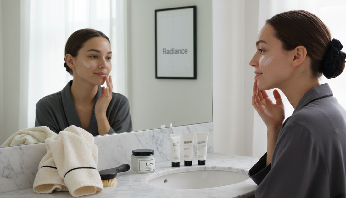 Radiant woman exfoliating skin in bright bathroom
