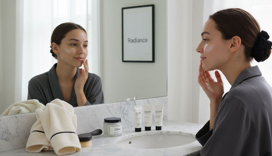 Radiant woman exfoliating skin in bright bathroom