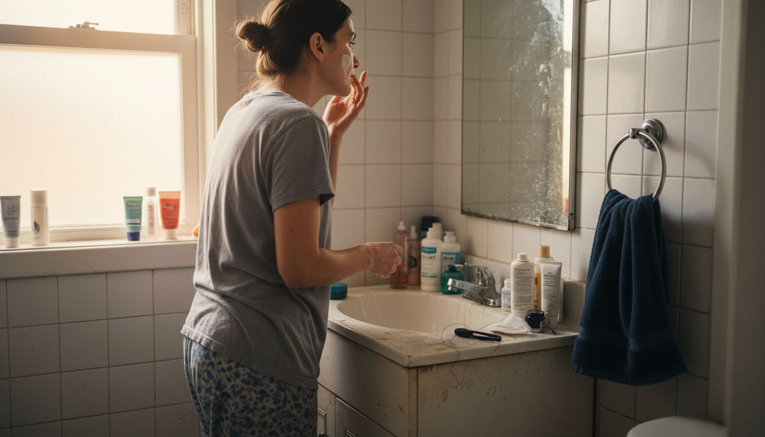 Woman applies moisturizer at bathroom sink