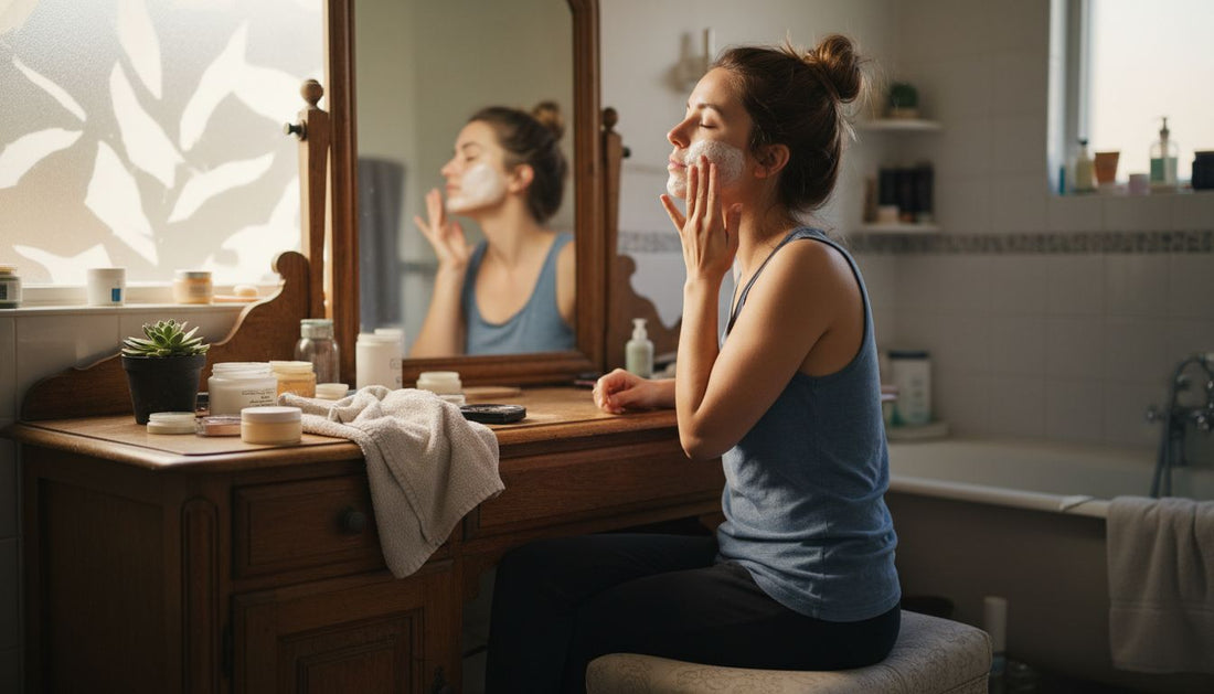 Woman applying exfoliating cleanser at bathroom vanity