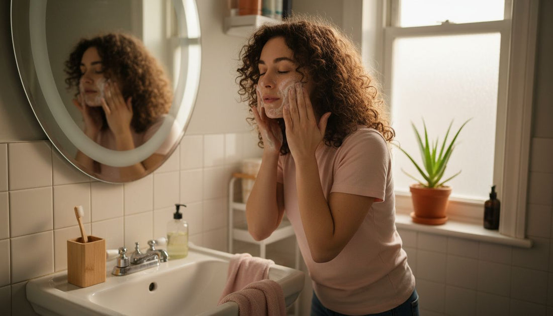 Woman cleansing face at bathroom sink