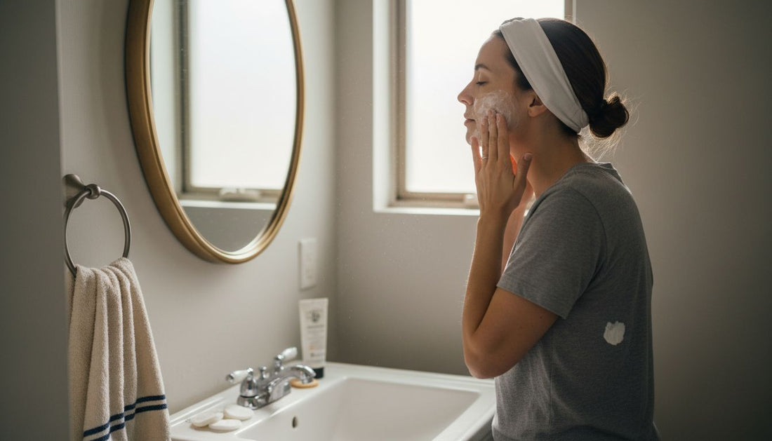 Woman gently cleansing face at small bathroom sink