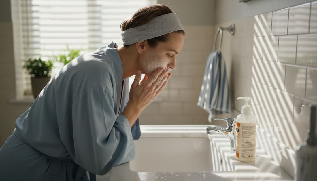 Woman washing face with gentle cleanser at bathroom sink