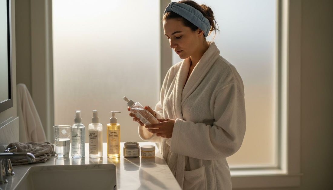 Woman choosing from seven facial cleansers bathroom