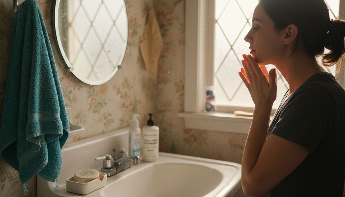 Woman doing double cleansing at bathroom sink