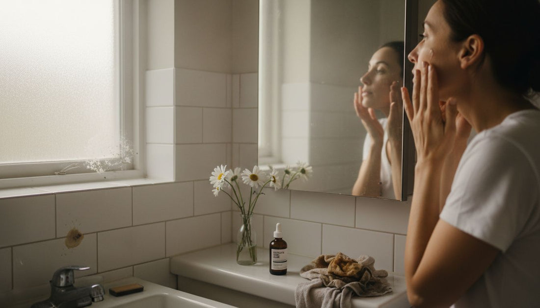 Woman applies glycolic acid serum at bathroom sink